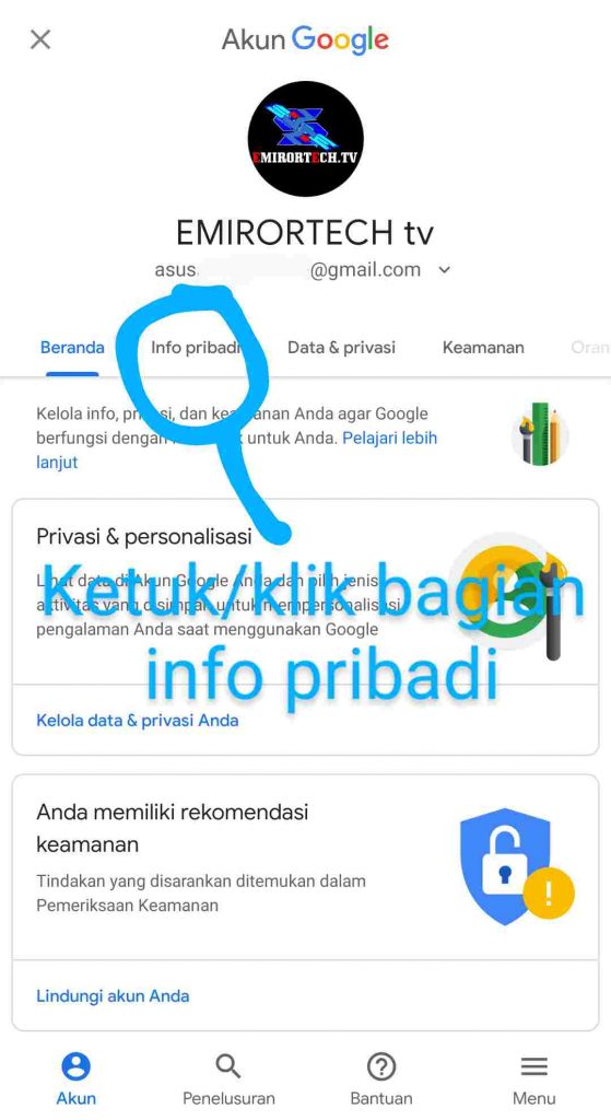 Ketuk/klik Pada Info Pribadi Di Pengaturan Akun Google