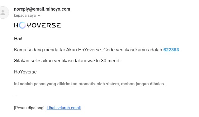 email pendaftaran dari mihoyo