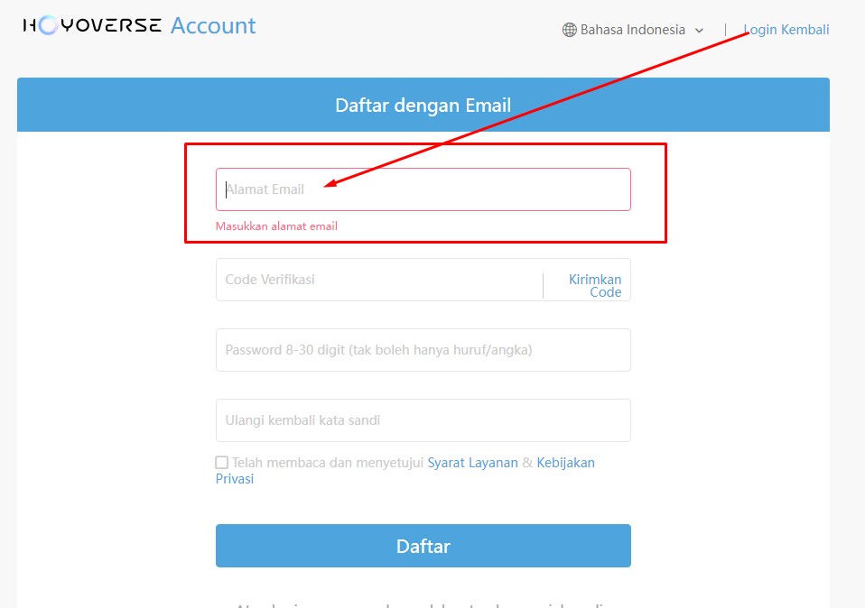 Masukan Email Aktif  utnuk daftar akun gemshin impact